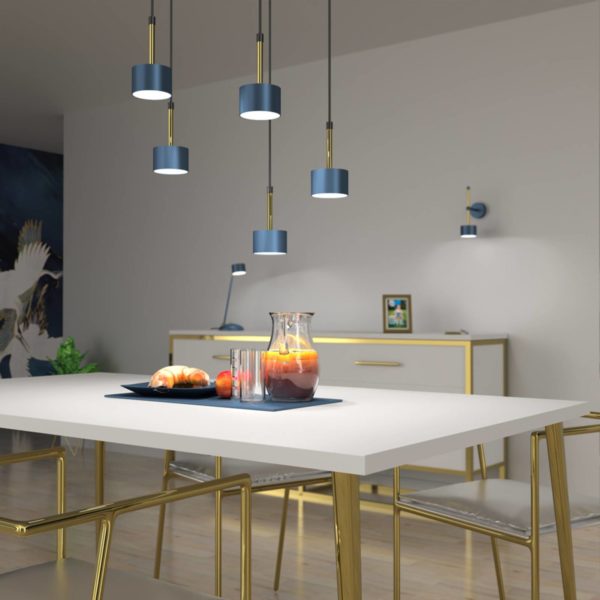 Eko-Light Suspension Arena ronde à cinq lampes, bleu-doré Eko-Light