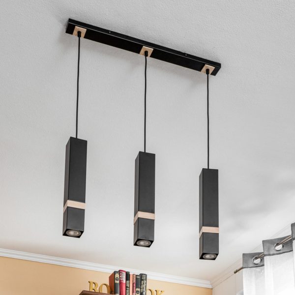 Eko-Light Suspension Vidar, noire détail bois 3 lampes Eko-Light