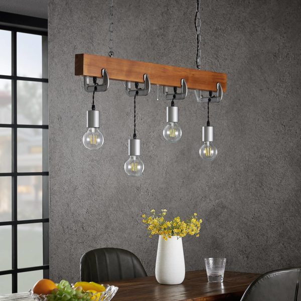 Lindby Asya suspension, à 4 lampes, bois, chromée LINDBY
