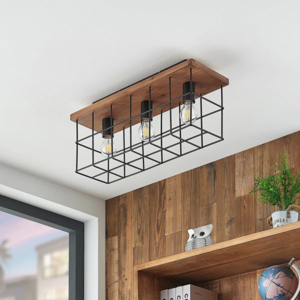 Lindby Mireille plafonnier cage avec bois 3 lampes LINDBY