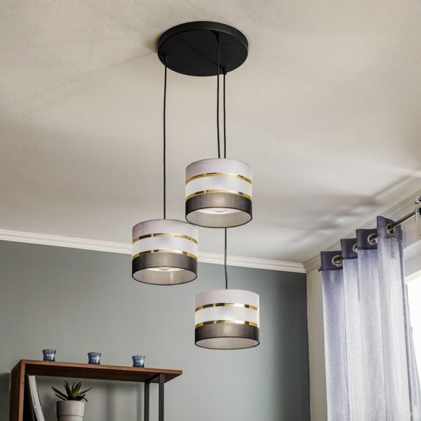 HELam Suspension Helen ronde gris, noir, doré 3 lampes HELam