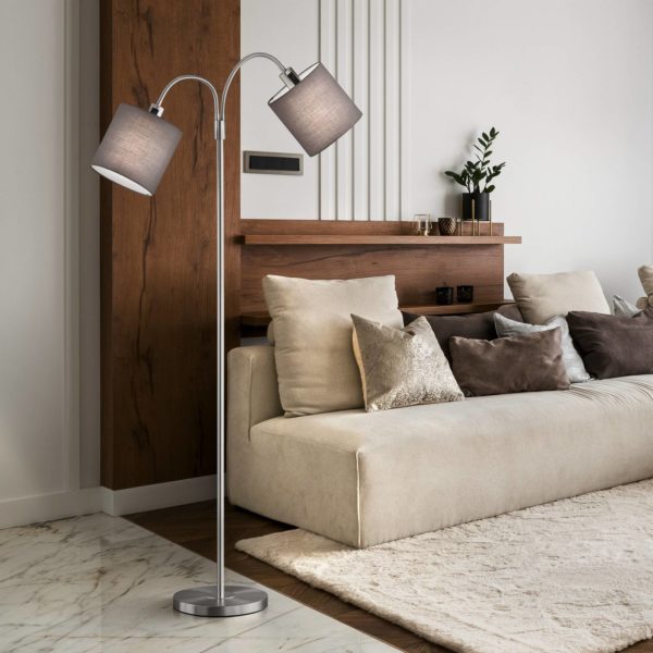 FISCHER & HONSEL Lampadaire Cozy, 2 lampes, chintz, nickel/gris FISCHER & HONSEL