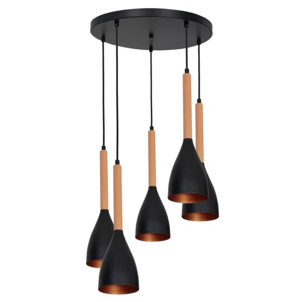 Luminex Suspension Muza 5 lampes ronde noir/or/bois clair Luminex