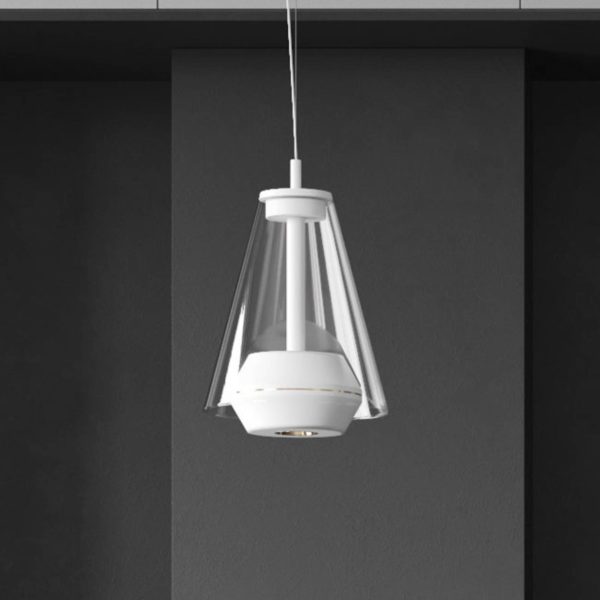 Prandina Shuttle suspension blanche, verre clair Prandina