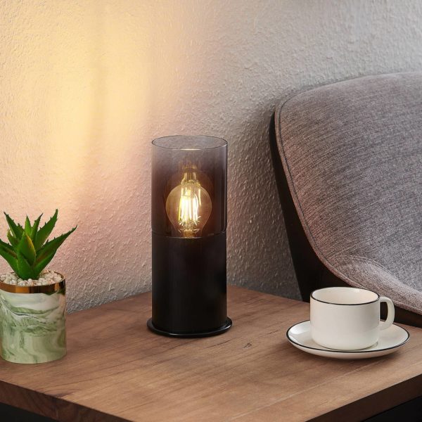 Lindby Berral lampe de table, gris fumée, cylindre LINDBY