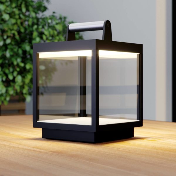 Lucande Lampe de table LED à accu Cube, aluminium, USB, IP54, intensité LUCANDE