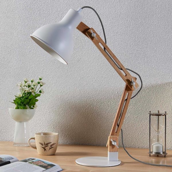 Lindby Lampe de bureau en bois Shivanja, blanc LINDBY