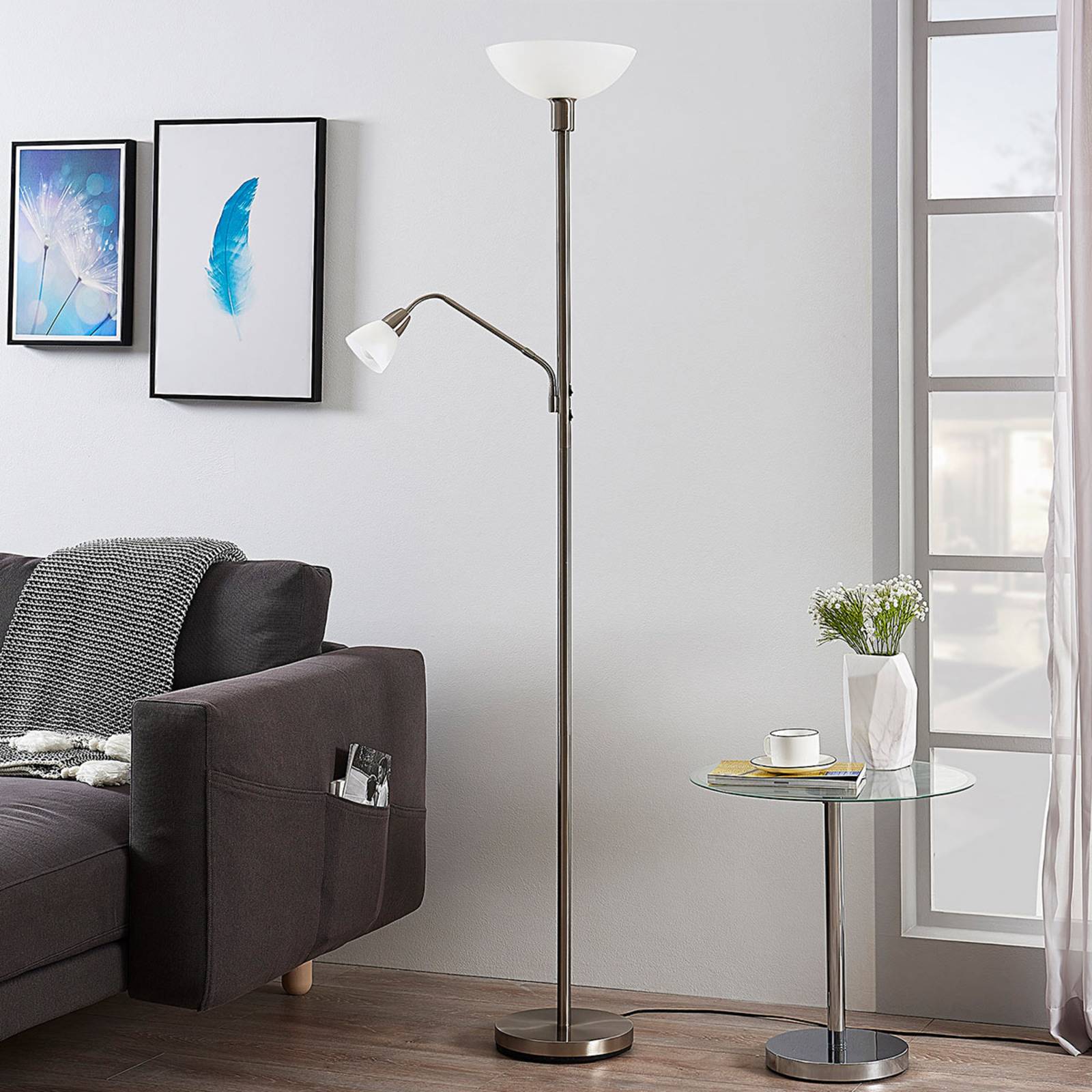 Lindby Lampadaire indirect Jost nickel avec liseuse LINDBY