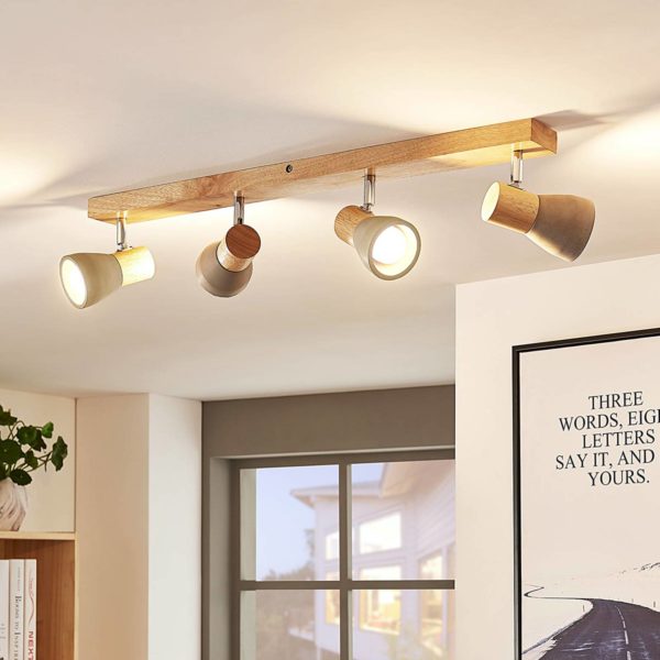 Lindby Spot Filiz en bois et béton, à 4 lampes LINDBY