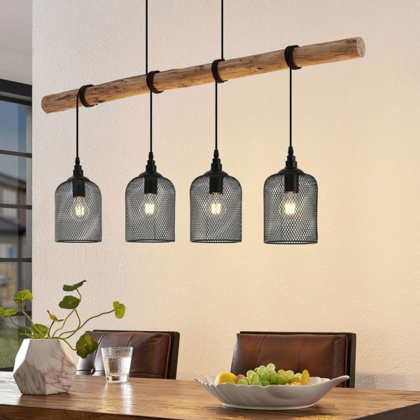 Lindby Elrond suspension avec bois, à 4 lampes LINDBY