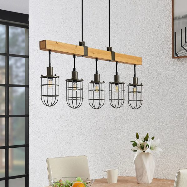 Lindby Serima suspension bois 5 abat-jour cages LINDBY