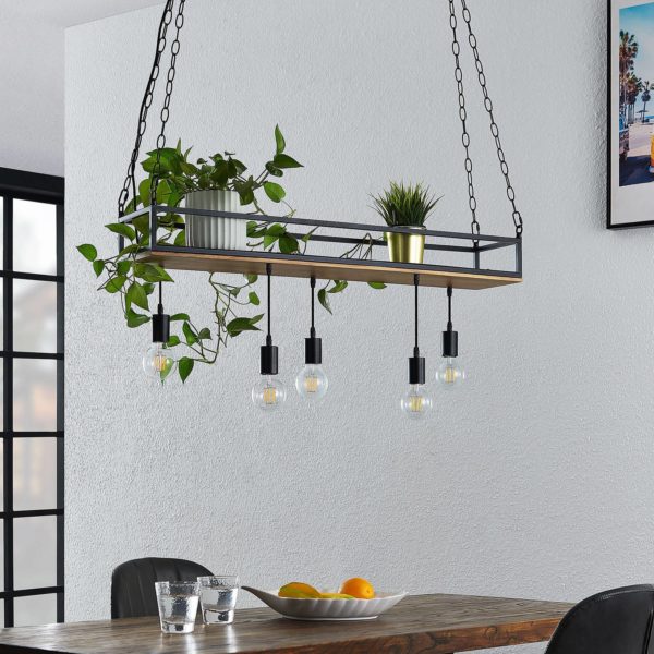 Lindby Kirista suspension, à 5 lampes, bois LINDBY