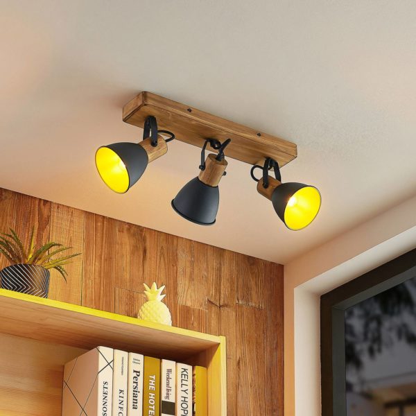 Lindby Merela spot, bois, noir, à trois lampes LINDBY
