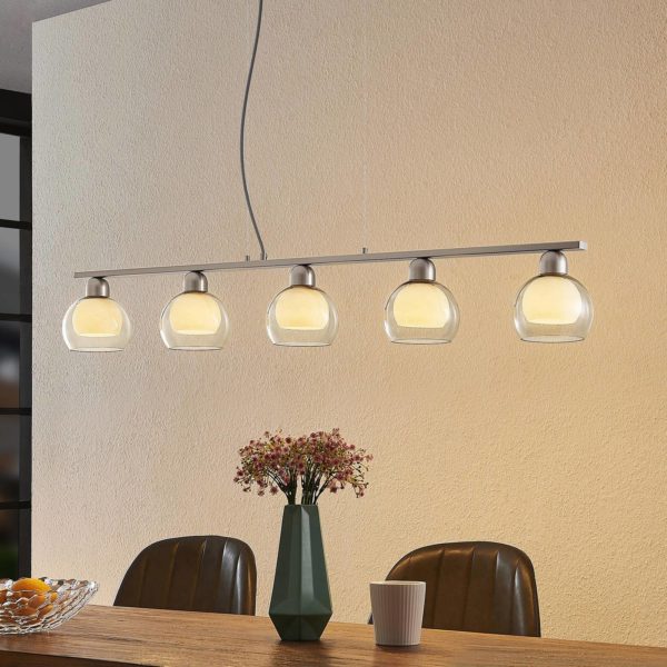 Lucande Kaiya suspension, verre, à cinq lampes LUCANDE