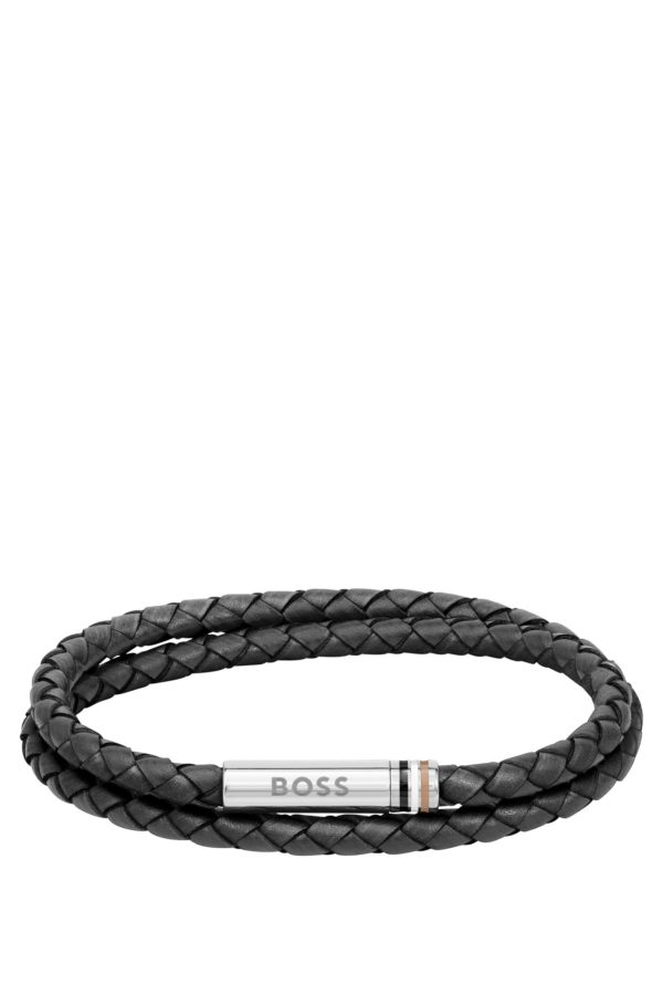 Hugo Boss Bracelet double tour en cuir tressé noir