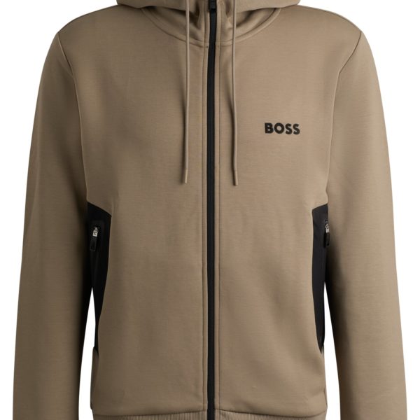 Sweat à capuche zippé en coton mélangé avec logo en relief – Hugo Boss