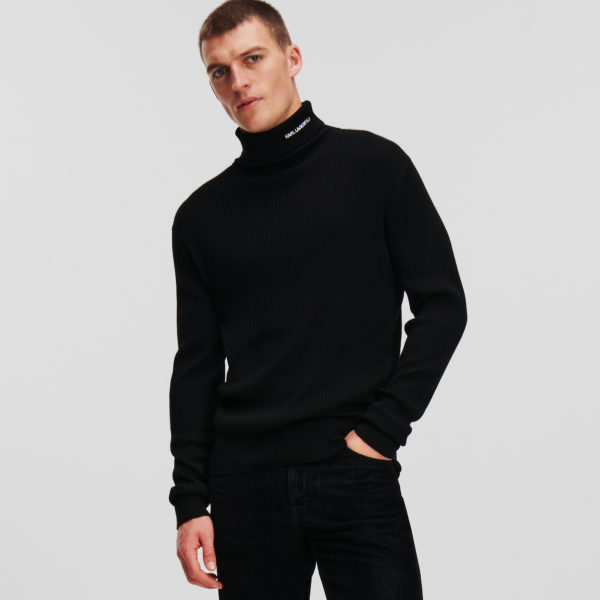 Karl Lagerfeld, Pull À Col Roulé Cotelé Avec Logo Karl, Homme, Noir, Taille: XS Karl Lagerfeld