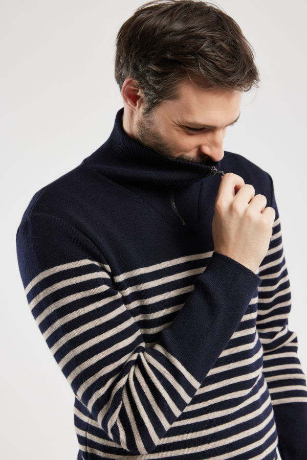 ARMOR-LUX Pull camionneur rayé - laine Homme Navire/Sandstone chiné 3XL