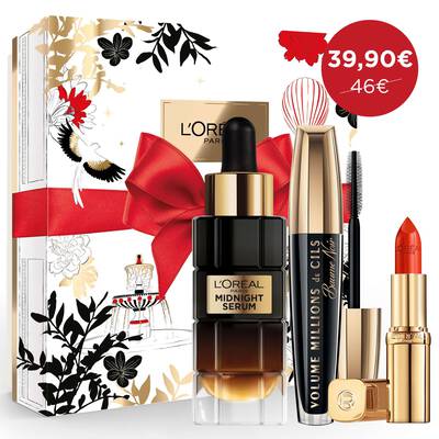 Coffret Cadeau Midnight Sérum + Mascara Volume Millions de Cils Baume Noir + Rouge à Lèvres Color Riche – L’Oréal Paris