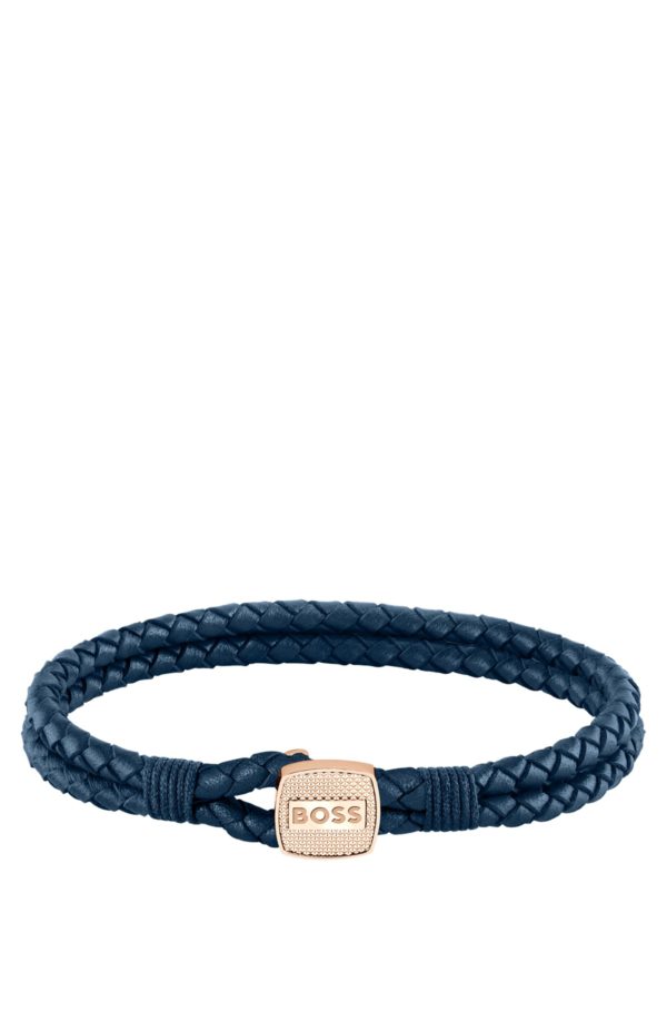 Hugo Boss Bracelet en cuir tressé bleu avec fermeture dorée