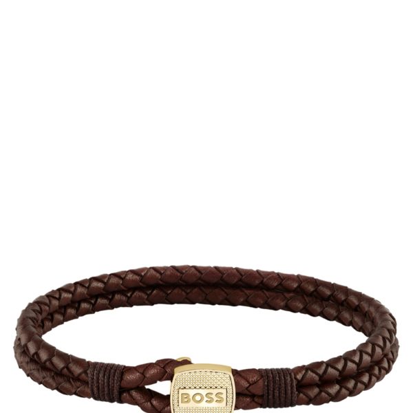 Hugo Boss Bracelet en cuir tressé marron avec fermeture dorée