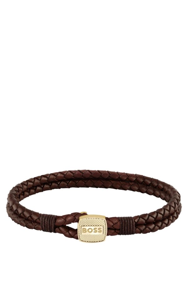 Hugo Boss Bracelet en cuir tressé marron avec fermeture dorée