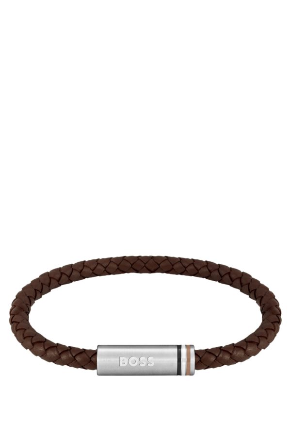 Hugo Boss Bracelet marron en cuir tressé avec fermoir magnétique logoté