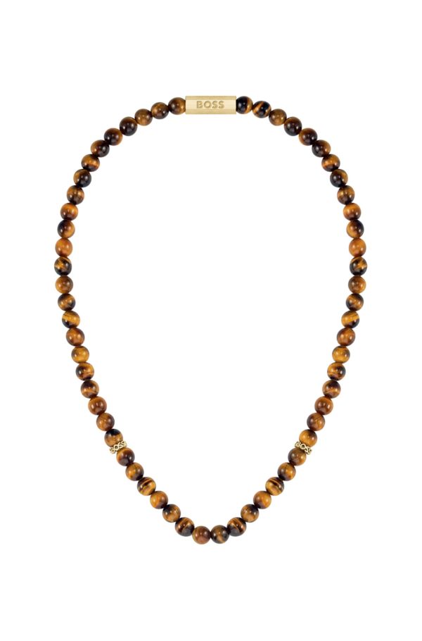 Hugo Boss Collier de perles œil-de-tigre avec rondelles logotées