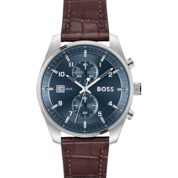 Hugo Boss Montre chronographe à cadran bleu avec bracelet en cuir embossé façon croco