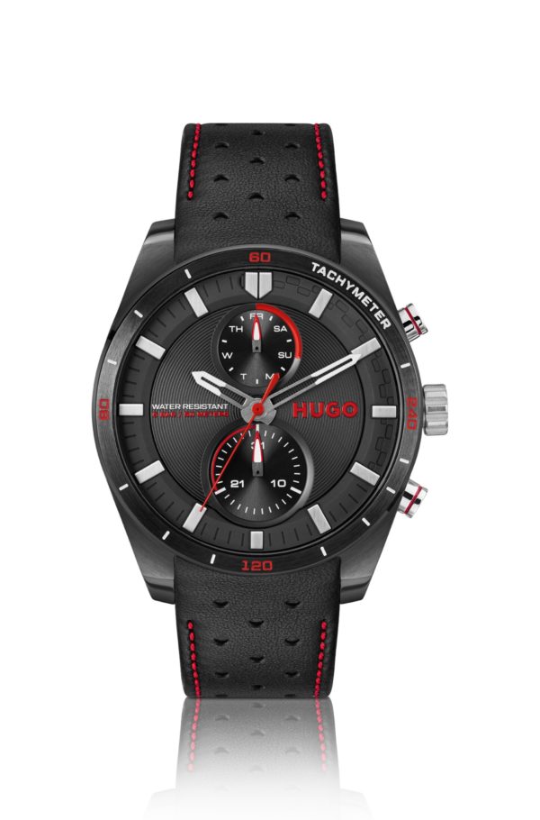 Hugo Boss Montre d’inspiration sport automobile avec bracelet en cuir perforé