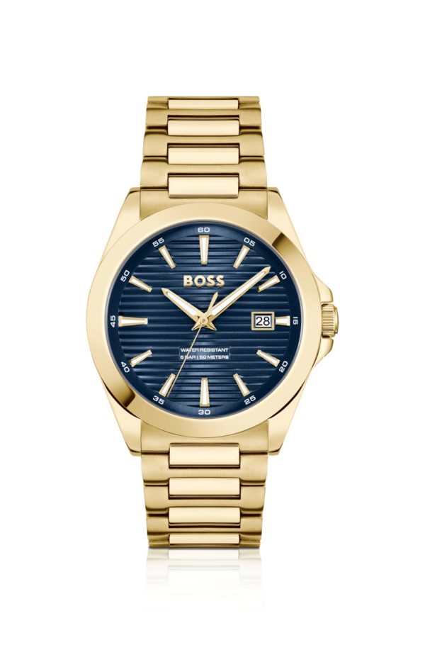 Hugo Boss Montre dorée à cadran rainuré bleu