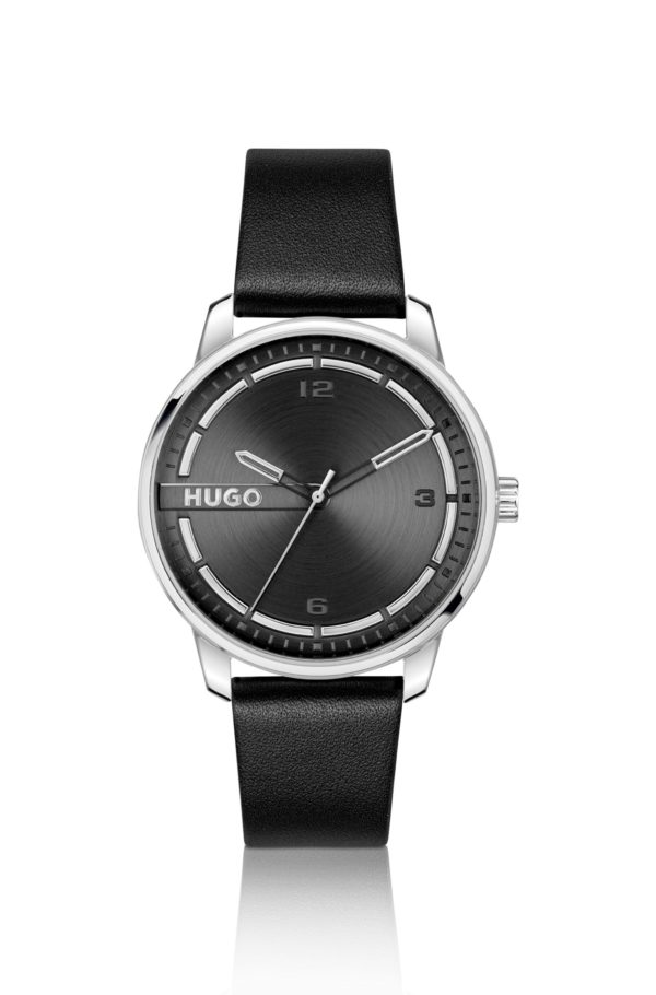 Hugo Boss Montre en acier inoxydable à bracelet en cuir noir