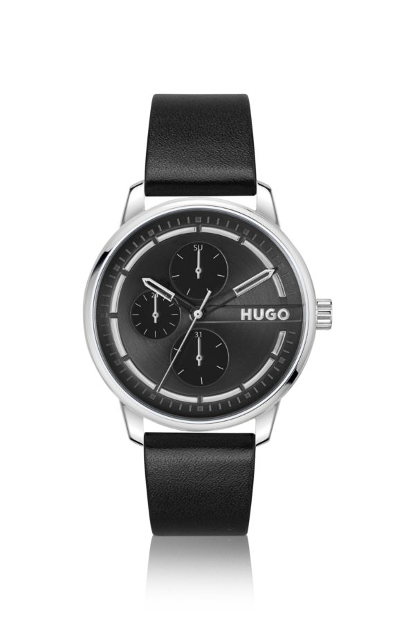 Hugo Boss Montre en acier inoxydable à cadran et bracelet en cuir noirs
