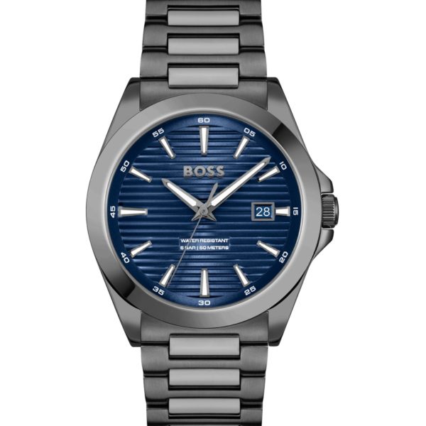 Hugo Boss Montre en acier plaqué gris à cadran bleu rainuré