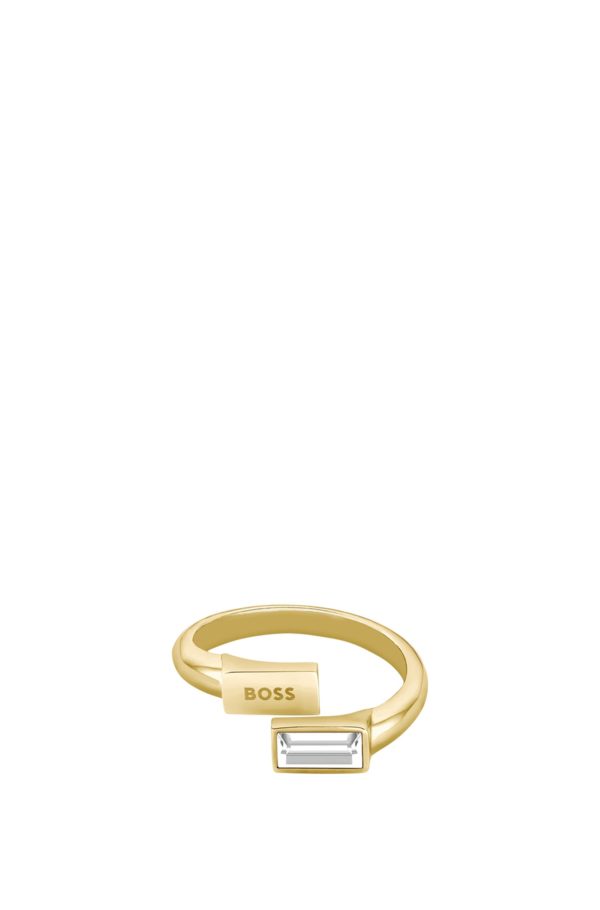 Hugo Boss Bague dorée avec cristal baguette et logo