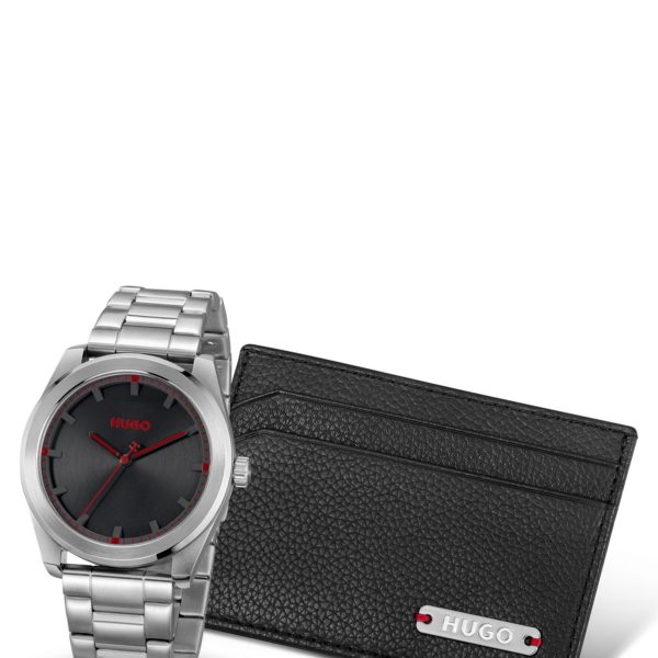 Hugo Boss Coffret cadeau avec porte-cartes en cuir et montre à cadran noir