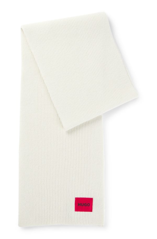 Hugo Boss Écharpe côtelée en laine mélangée avec étiquette logotée rouge