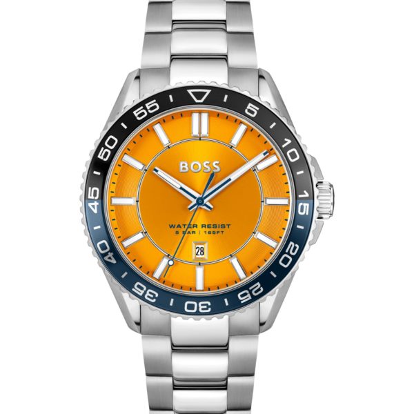 Hugo Boss Montre argentée à cadran orange et lunette rotative