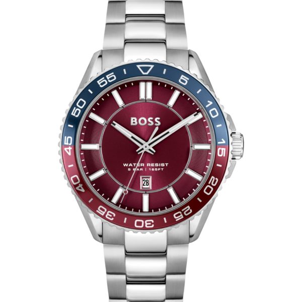 Hugo Boss Montre argentée à cadran rouge et lunette rotative