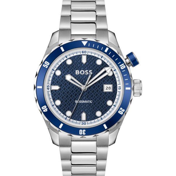 Hugo Boss Montre automatique argentée à cadran bleu à la texture monogrammée