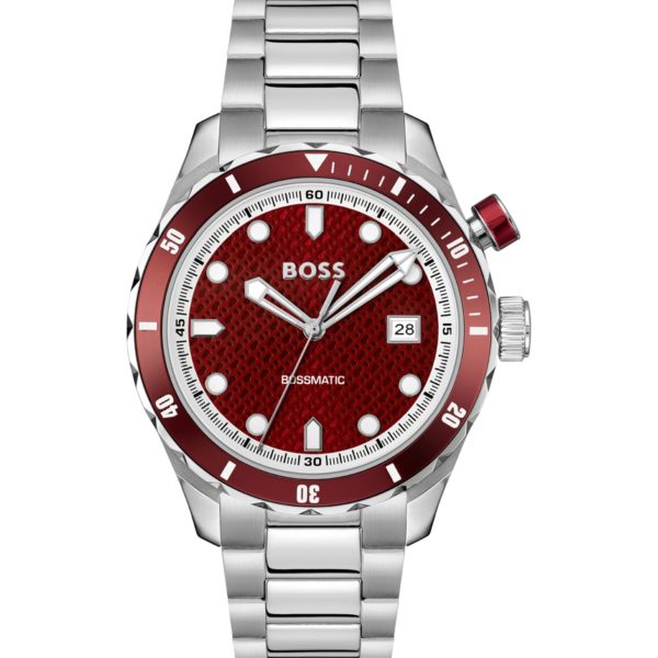 Hugo Boss Montre automatique argentée à cadran rouge à la texture monogrammée