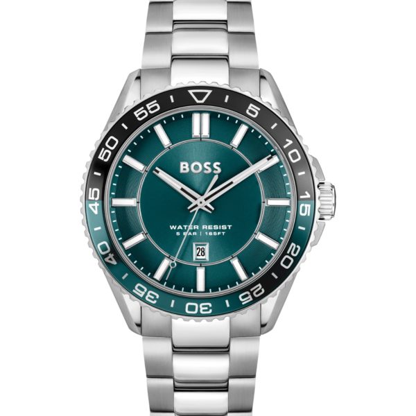 Hugo Boss Montre argentée à cadran turquoise et lunette rotative