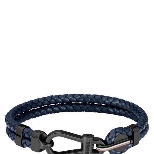 Hugo Boss Bracelet en cuir tressé bleu avec fermoir mousqueton noir