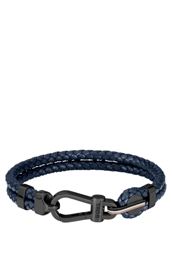Hugo Boss Bracelet en cuir tressé bleu avec fermoir mousqueton noir