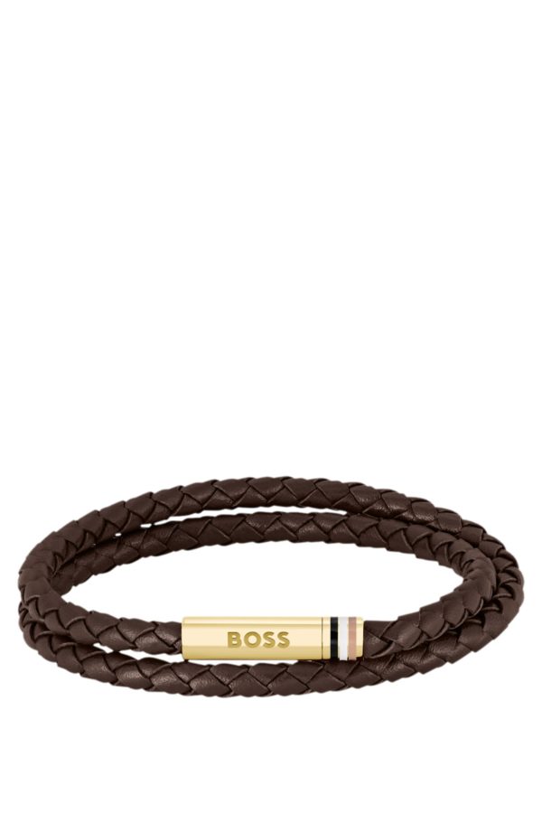 Hugo Boss Bracelet en cuir tressé marron avec fermoir logoté