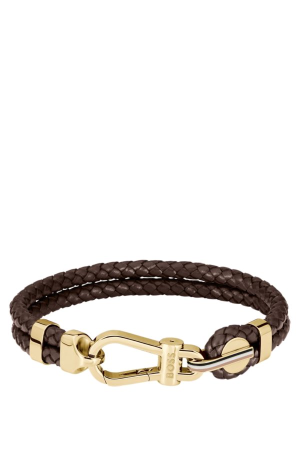 Hugo Boss Bracelet en cuir tressé marron avec fermoir mousqueton doré