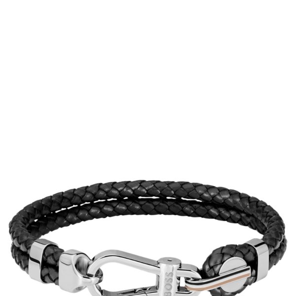 Hugo Boss Bracelet en cuir tressé noir avec fermoir mousqueton argenté