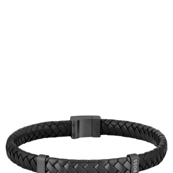 Hugo Boss Bracelet en cuir tressé noir avec garniture en métal à chevrons