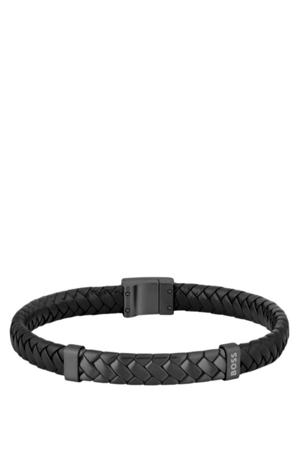 Hugo Boss Bracelet en cuir tressé noir avec garniture en métal à chevrons