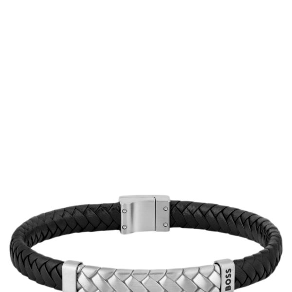 Hugo Boss Bracelet en cuir tressé noir avec garniture en métal à chevrons